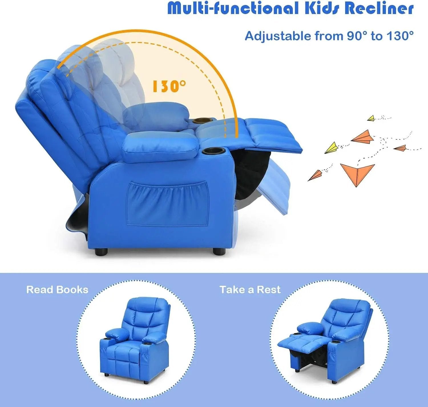 Blue Kids Recliner Chair With Cup Holder And Footrest from PriceLows™