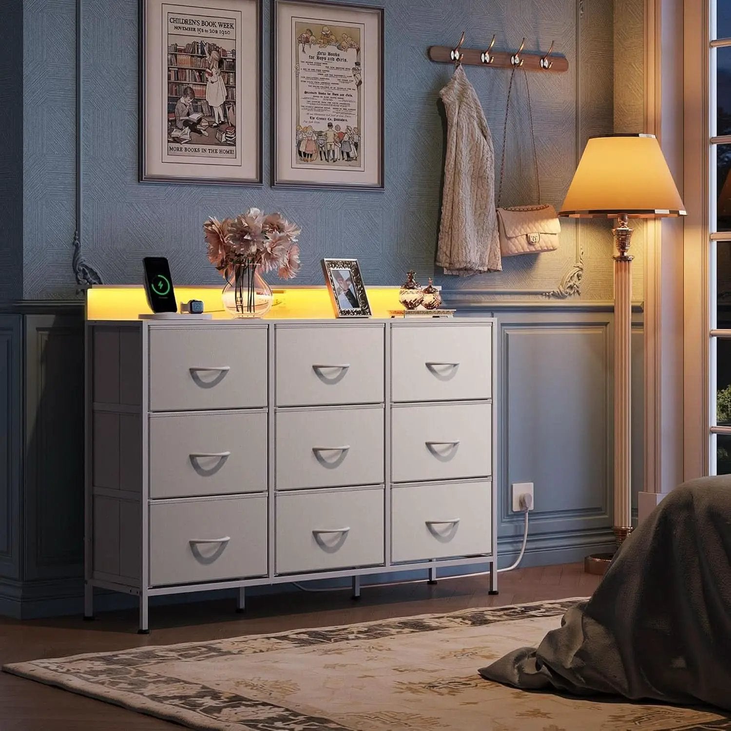 White Dresser TV Stand 55 Inch With LED Lights And Charging from PriceLows™