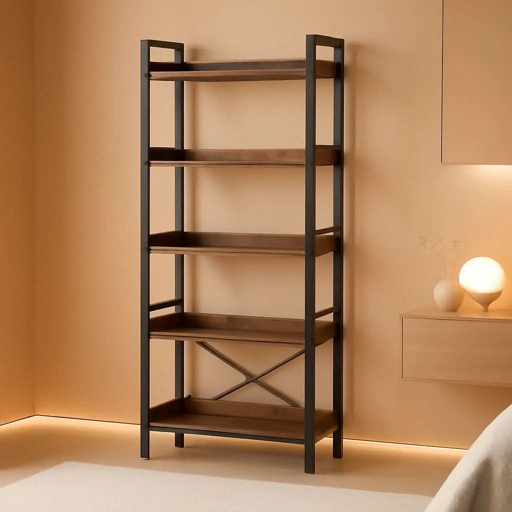 Adjustable Six Tier Industrial Wood Black Metal Bookcase from PriceLows™