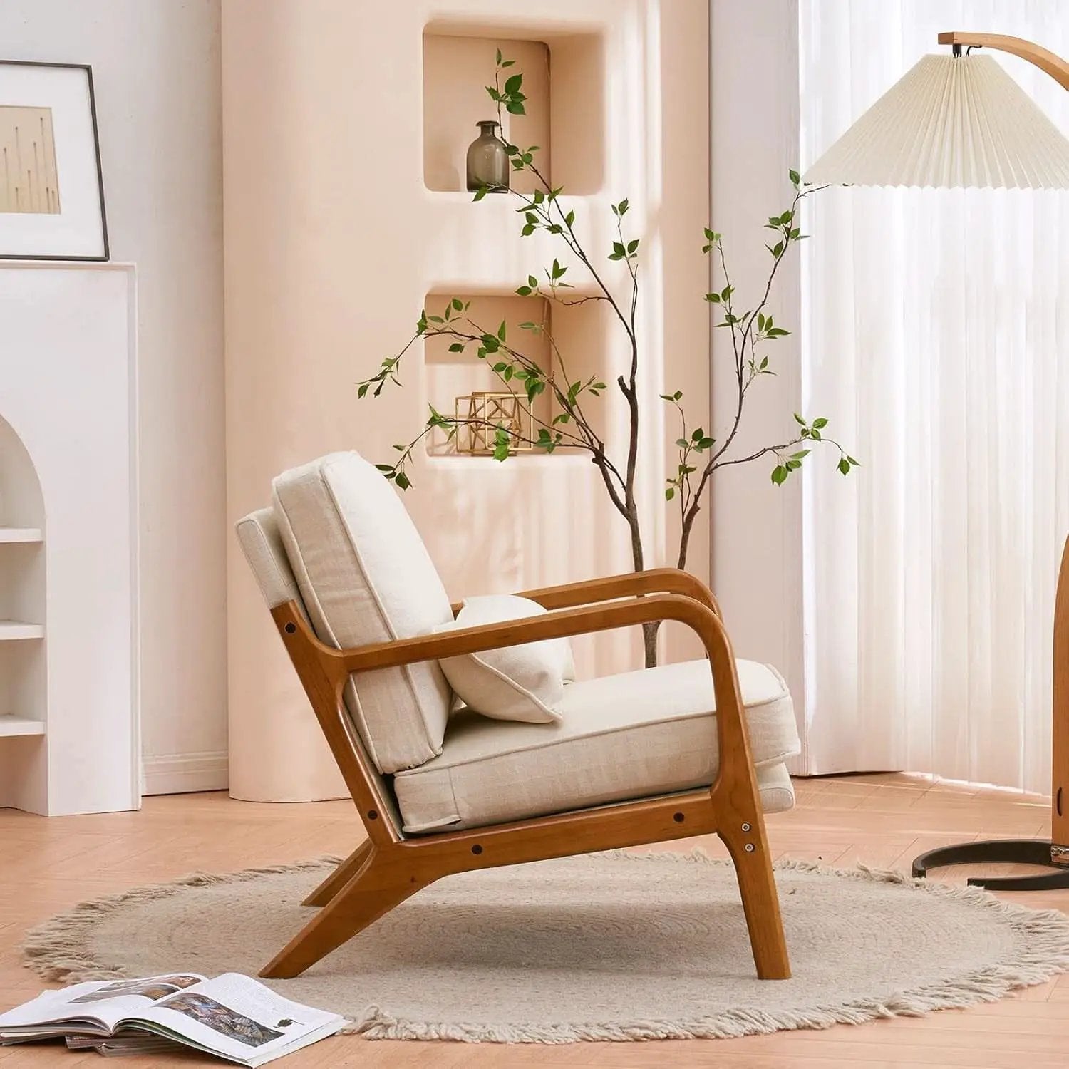 Beige Linen Fabric Mid Century Upholstered Accent Chair from PriceLows™