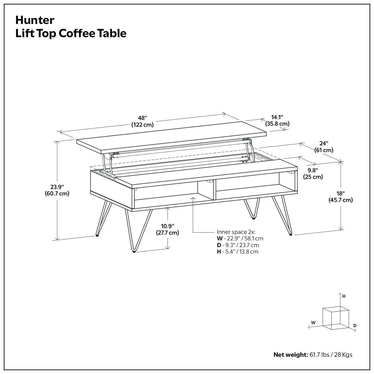 Hunter Lift Top Coffee Table | Handcrafted Solid Mango Hardwood | Split Lift Top | Large Storage Area