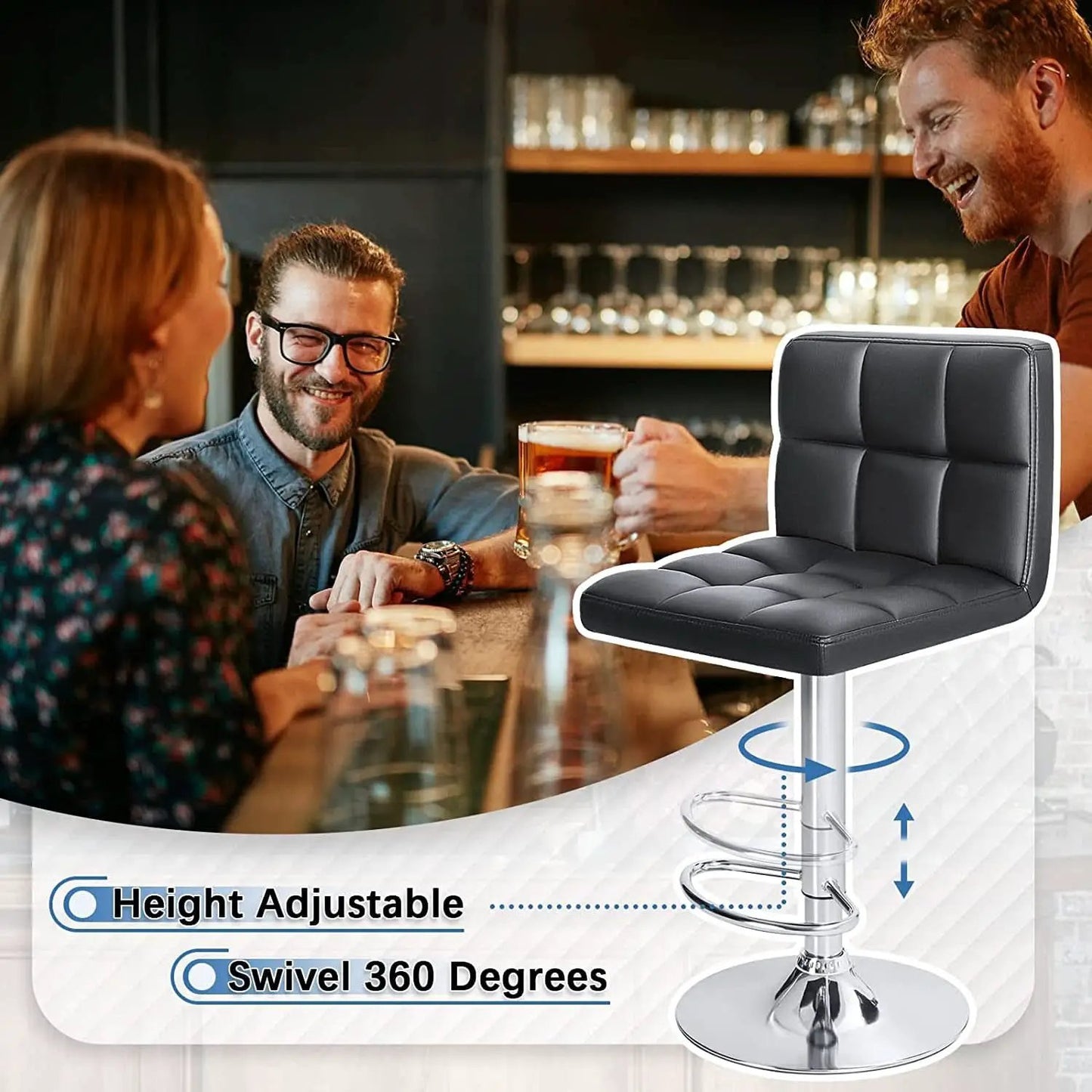Black PU Leather Adjustable Swivel Bar Stools Set Of 2 from PriceLows™