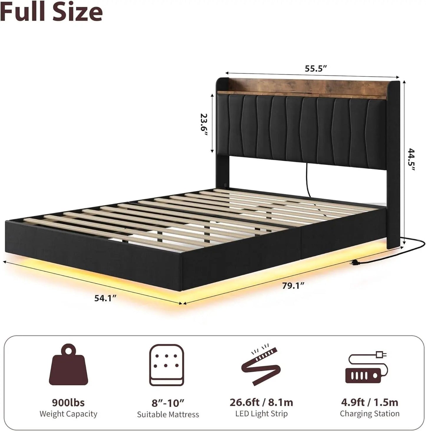 Black Floating Full Bed Frame With Storage Headboard from PriceLows™
