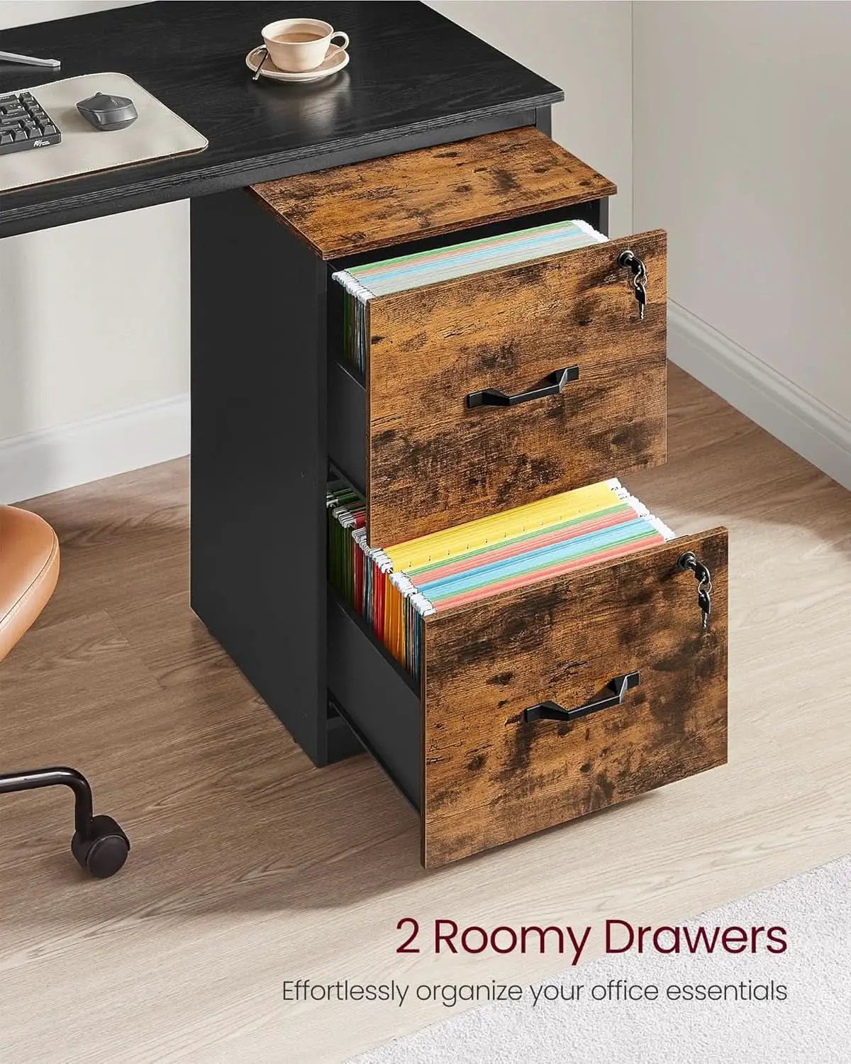 Two Drawer File Cabinet With Lock Printer Stand For A4 And Letter Size Files Rustic Brown And Black from PriceLows™