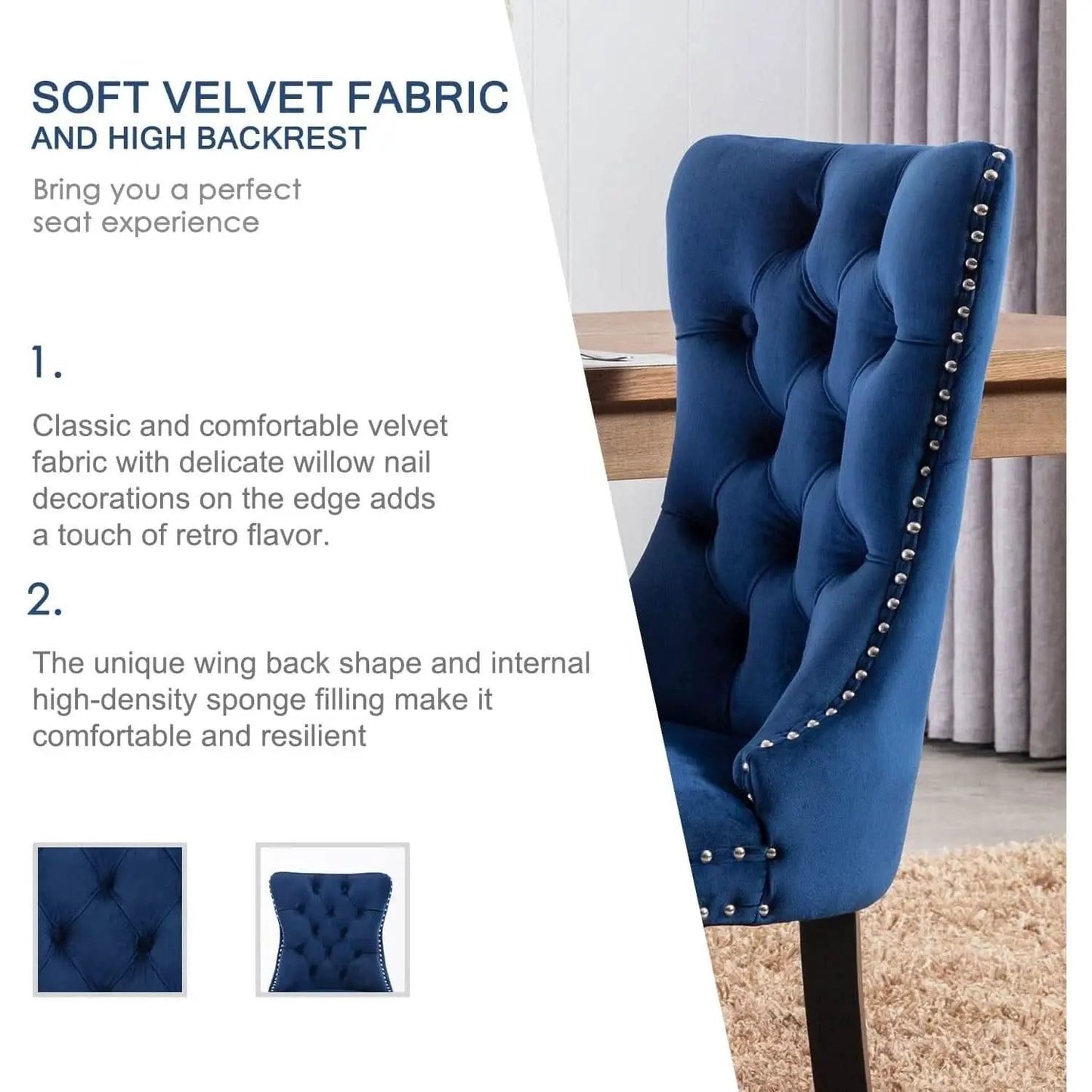 Blue Velvet Upholstered Dining Chairs Set Of 6 Studded from PriceLows™