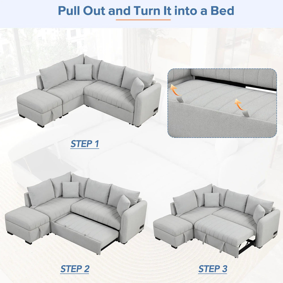 L Shaped Sectional Sofa Bed | USB Ports | Power Sockets | Storage Ottoman