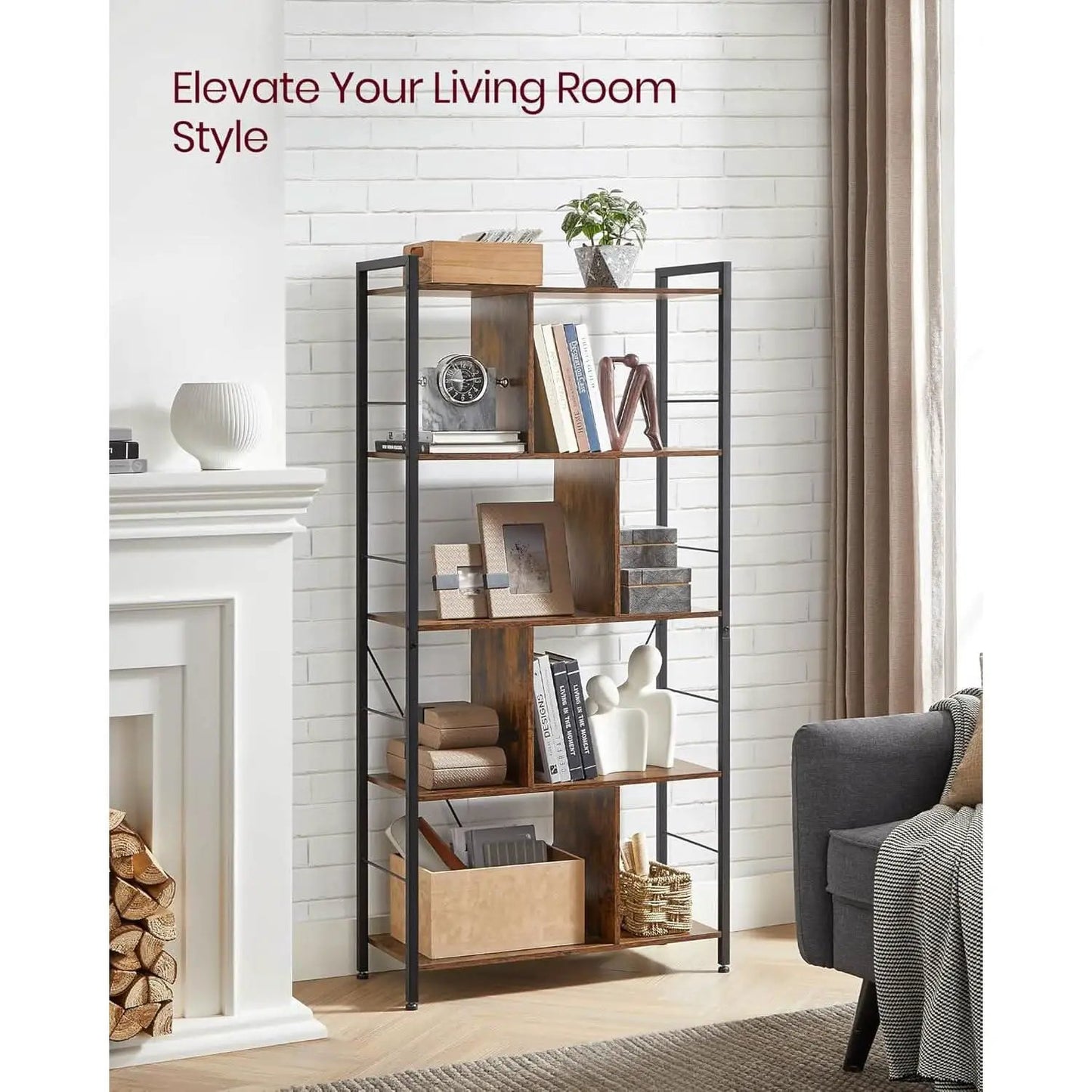 5 Tier Bookshelf Rustic Brown And Black Metal Frame from PriceLows™