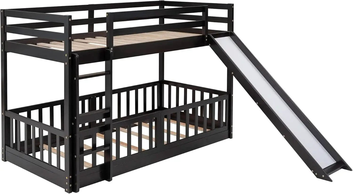 Twin Over Twin Floor Bunk Bed With Slide And Ladder from PriceLows™