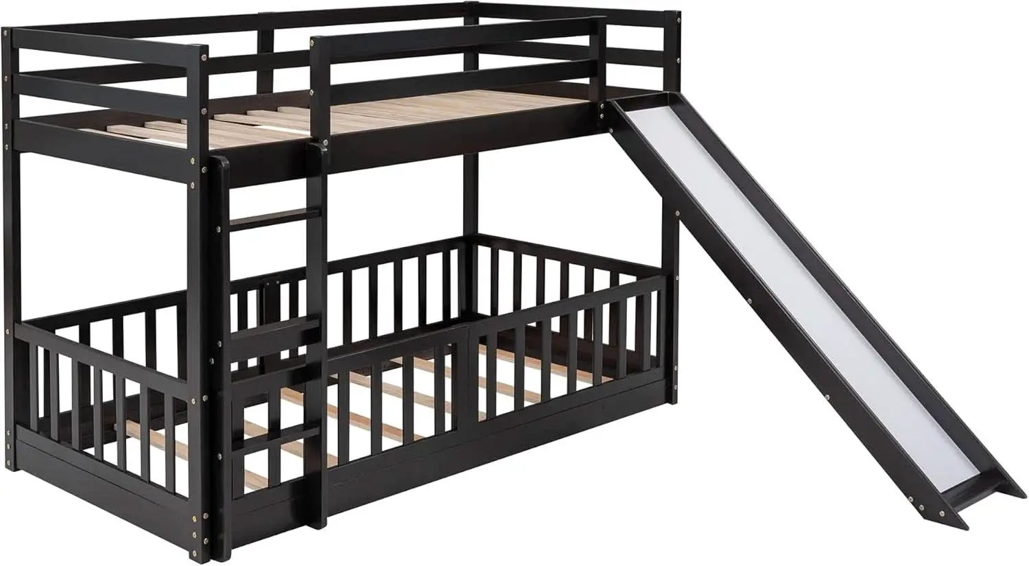Twin Over Twin Floor Bunk Bed With Slide And Ladder from PriceLows™
