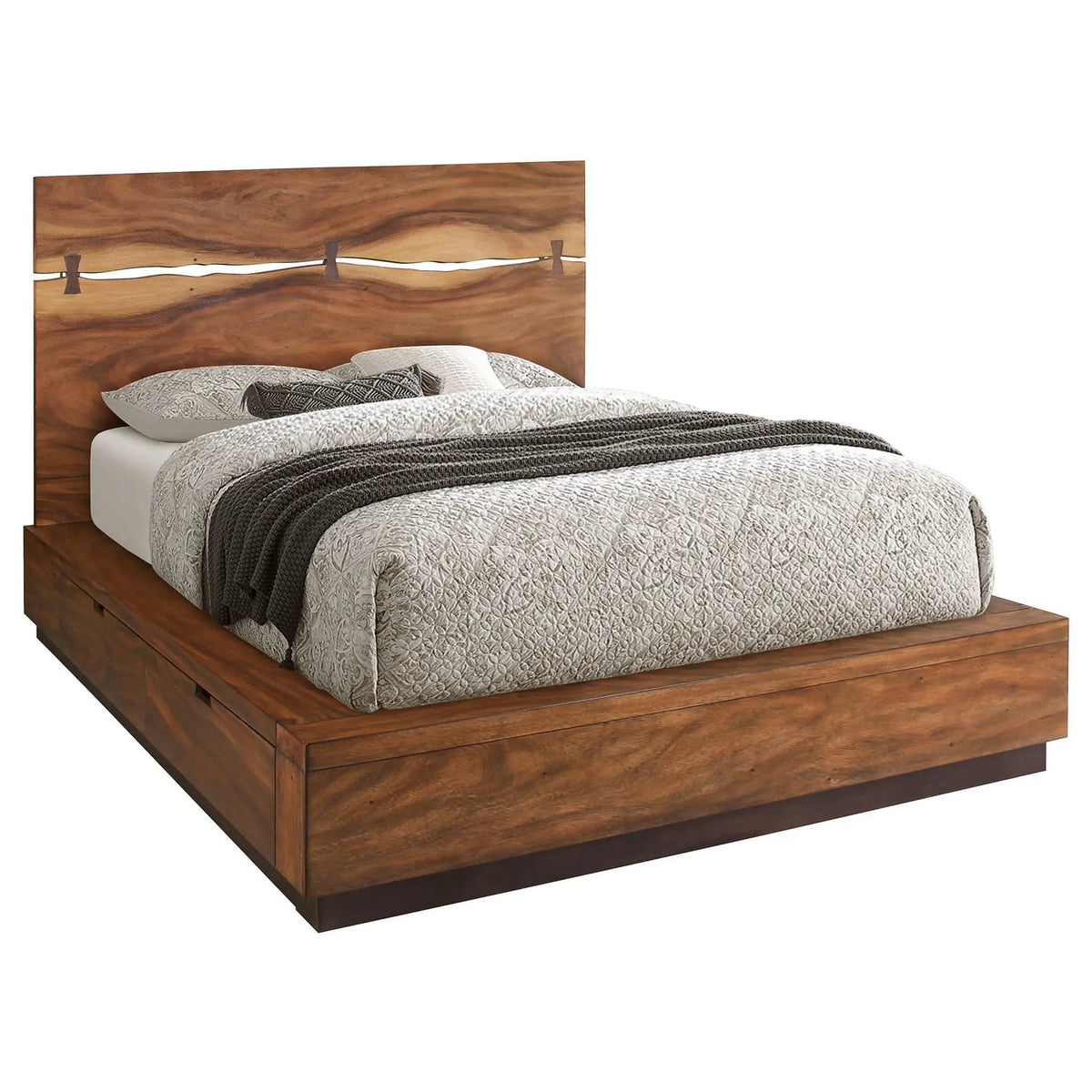 Winslow Wood Queen Storage Panel Bed Smokey | 72.5 x 89.5 x 53.5 in | Walnut & Metal | Walnut