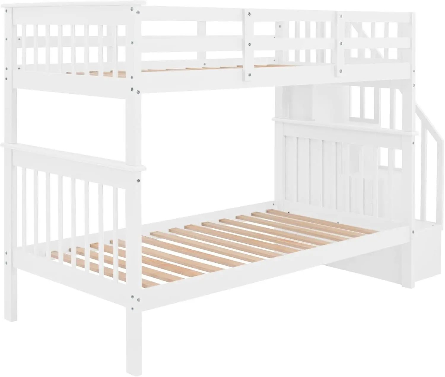 Twin Over Twin Bunk Bed With Stairs Solid Wood White from PriceLows™