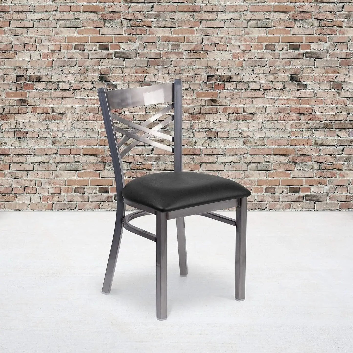 Two Pack Hercules Series Clear Coated X Back Metal Restaurant Chair Black Vinyl Seat from PriceLows™