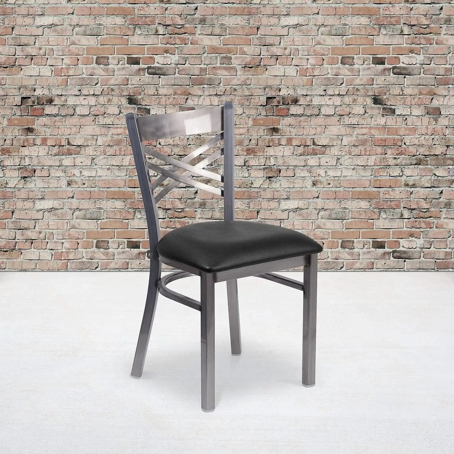 Two Pack Hercules Series Clear Coated X Back Metal Restaurant Chair Black Vinyl Seat from PriceLows™