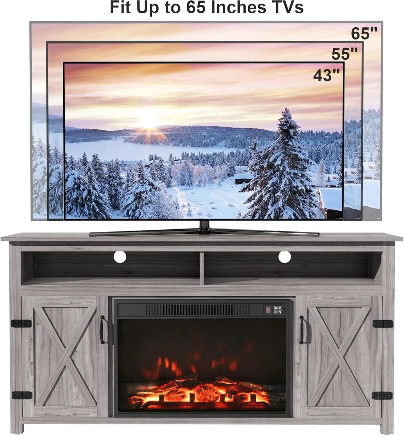 Rustic Fireplace TV Stand 65 Inch with Barn Doors Grey Wash from PriceLows™