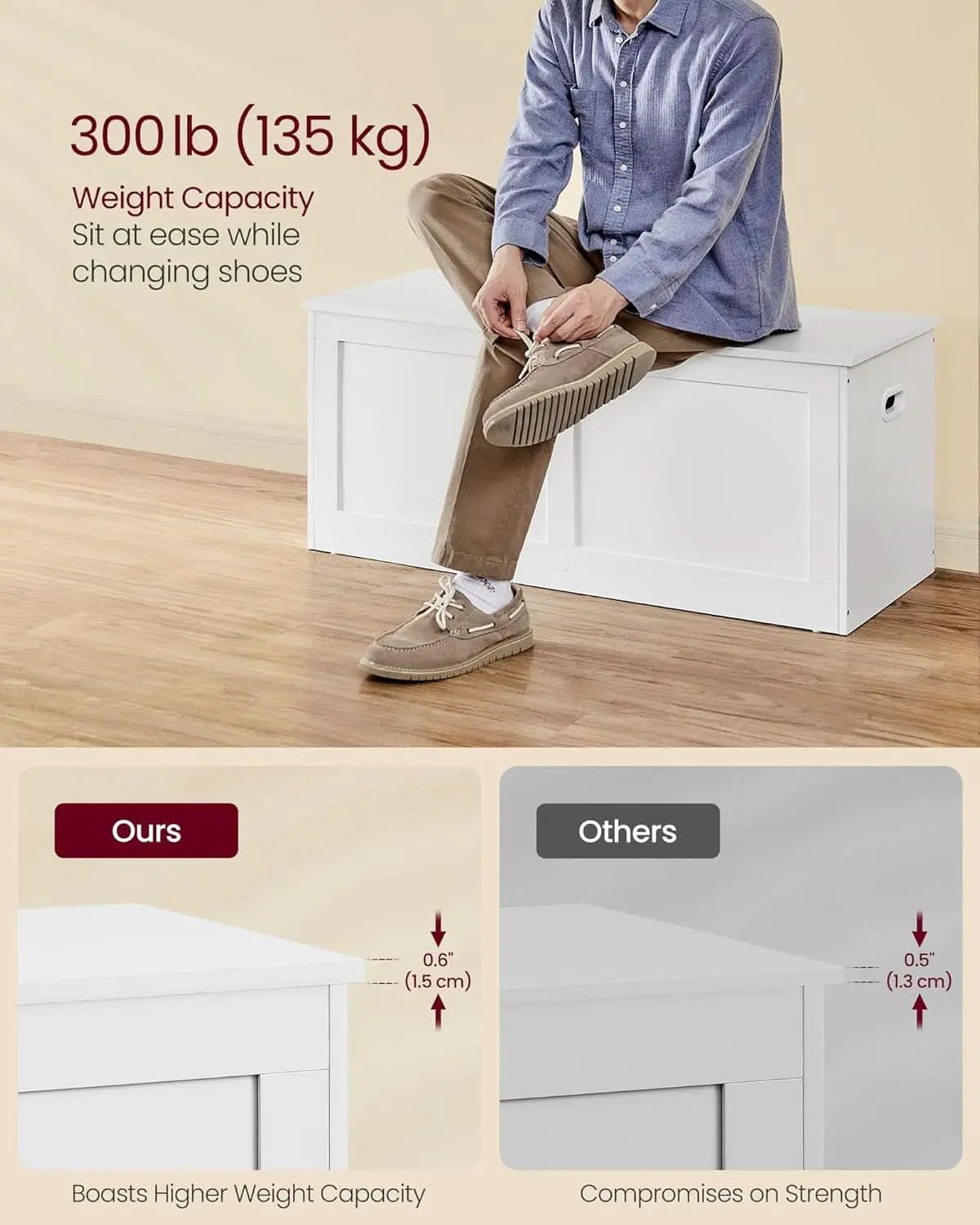 Cloud White Oversized Entryway Storage Bench Hinges from PriceLows™