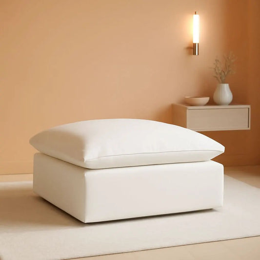 Ottoman Footstool | White Hemp Velvet Upholstery | Removable Cover Pine Wood Frame | One Size