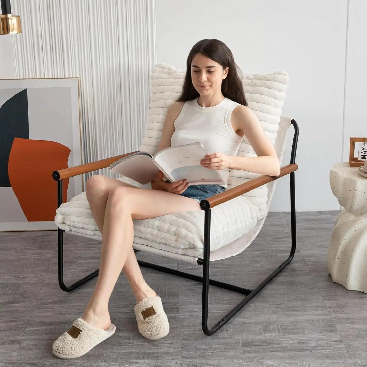 Boucle Sherpa Arm Chair Steel Frame Mid Century Modern from PriceLows™