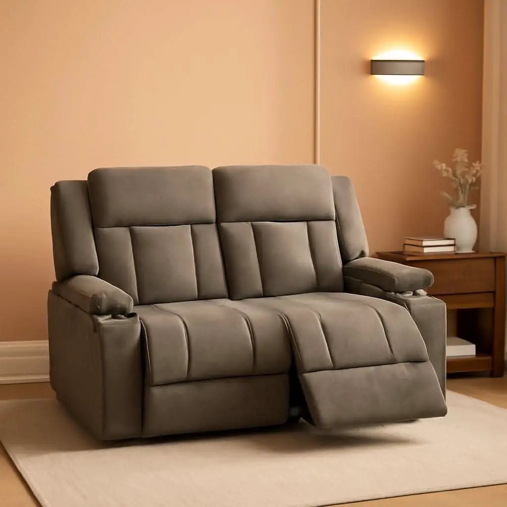 Manual Fabric Recliner Loveseat Sofa With Cup Holders 2 Seater Light Brown from PriceLows™