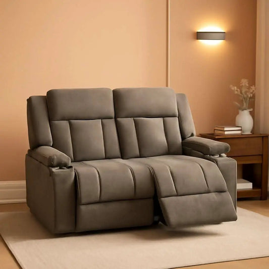 Manual Fabric Recliner Loveseat Sofa With Cup Holders 2 Seater Light Brown from PriceLows™