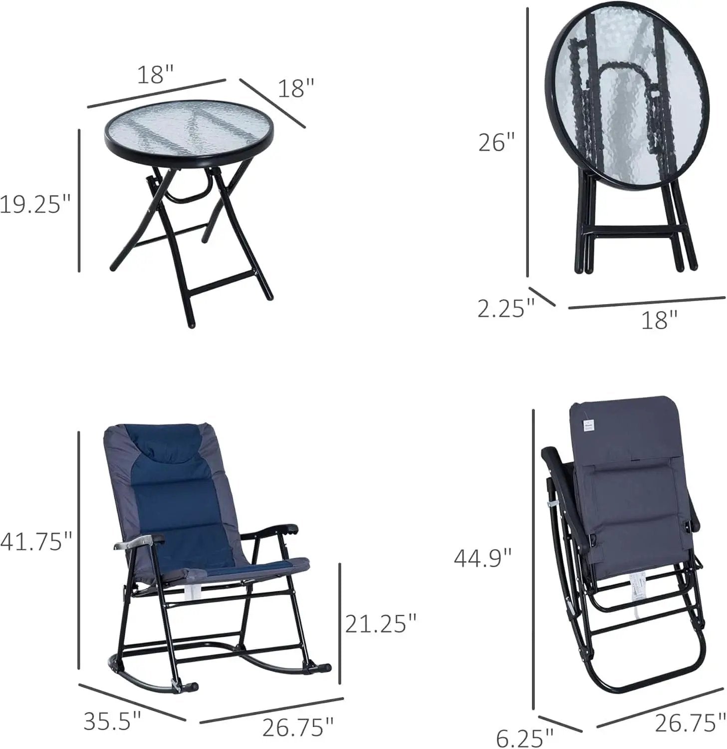 Three Piece Outdoor Patio Furniture Set With Glass Coffee Table And Two Folding Padded Rocking Chairs Navy Blue from PriceLows™