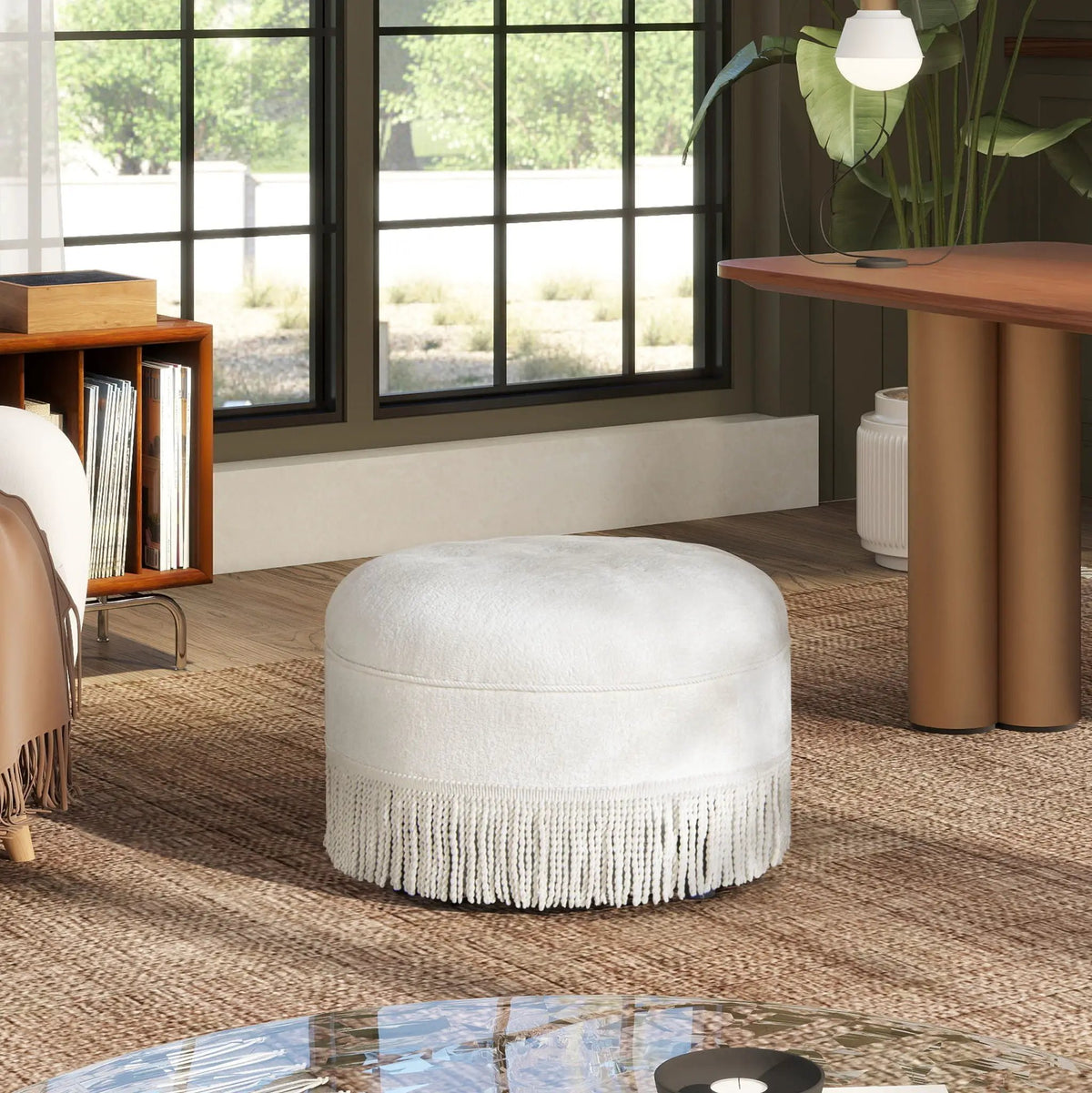 Yolanda Round Accent Ottoman | Almond White | Handcrafted Quality | Kiln-Dried Hardwood Frame