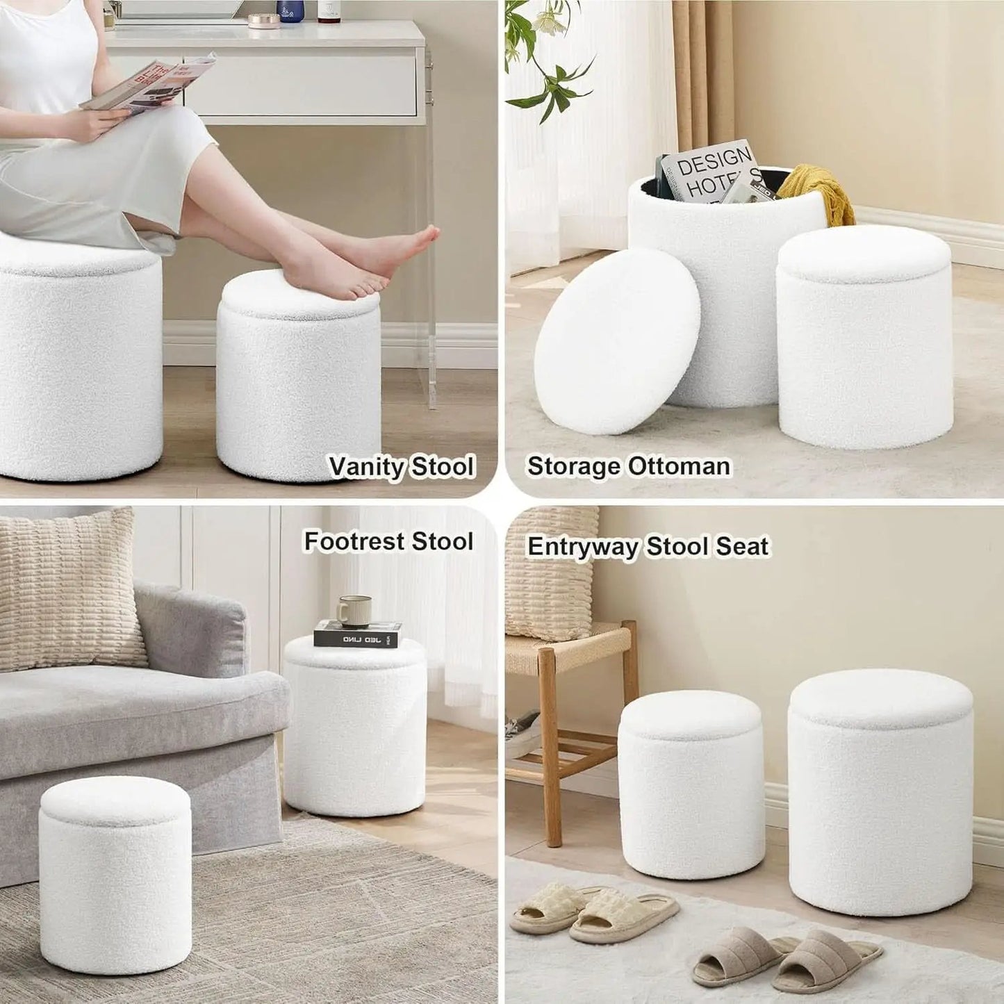 White Round Boucle Velvet Upholstered Storage Ottoman from PriceLows™