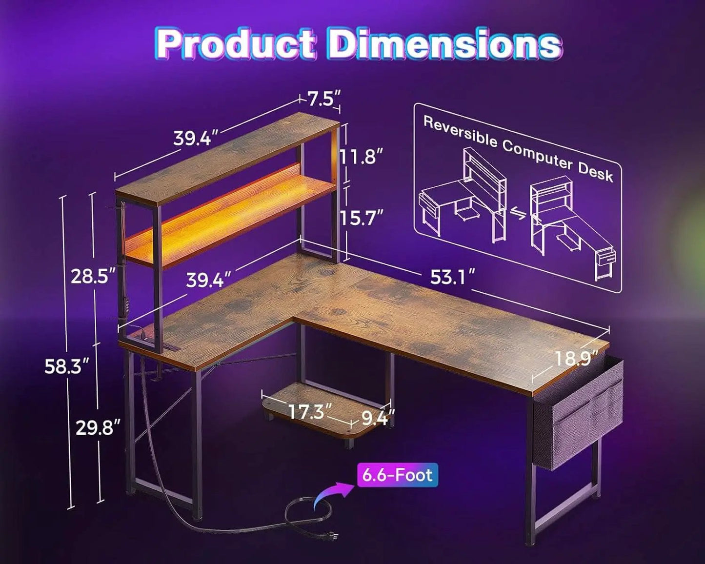 53 Inch L Shaped Desk With LED Lights And Power Outlet from PriceLows™