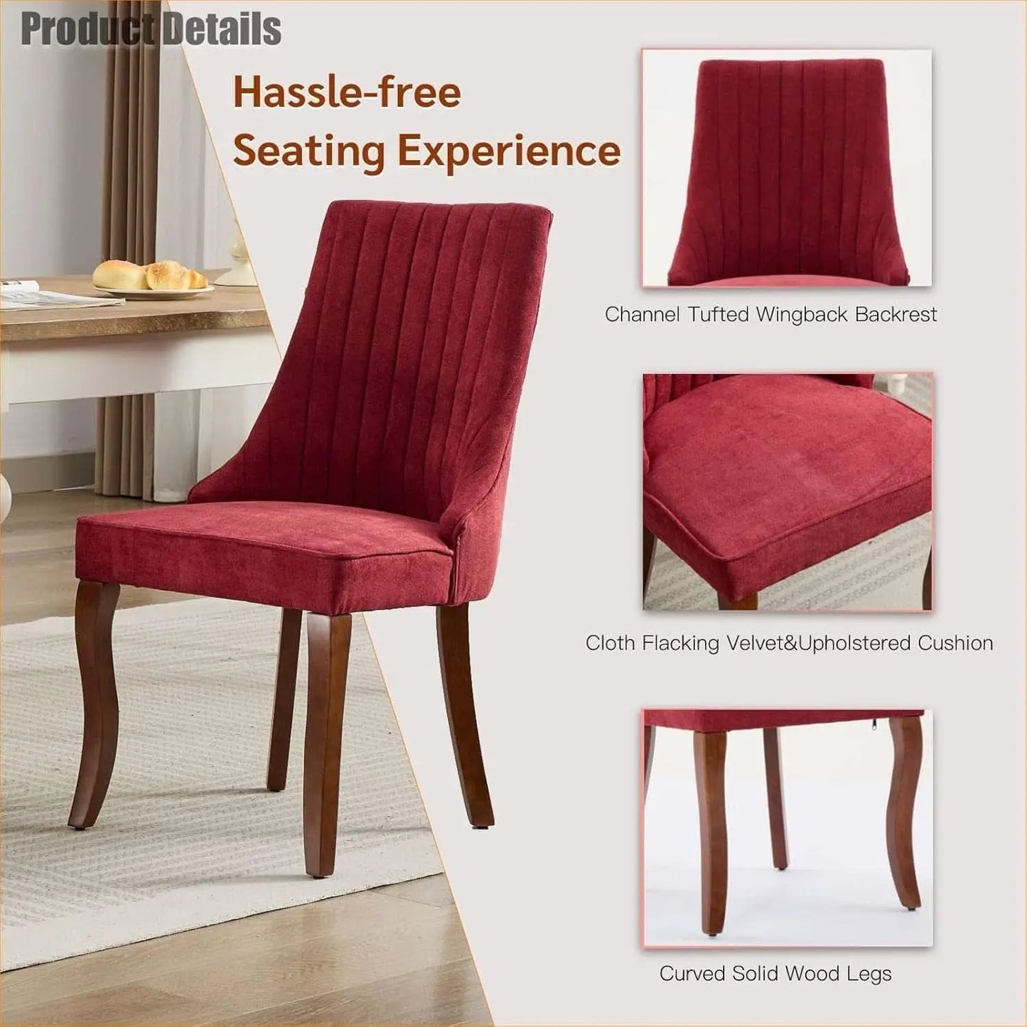 Velvet Dining Chairs Wine Red Channel Tufted Wood Legs from PriceLows™