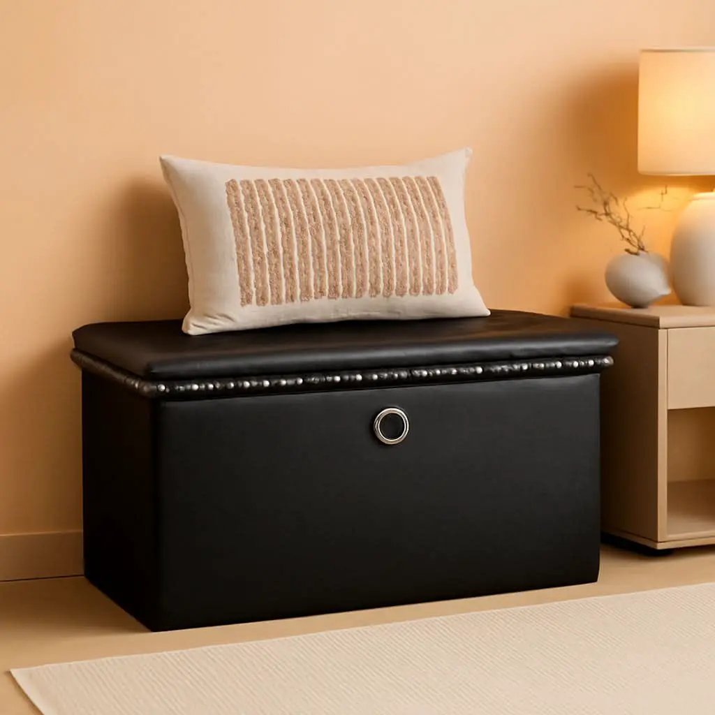 Faux Leather Folding Storage Ottoman 30 Inch Size Black from PriceLows™