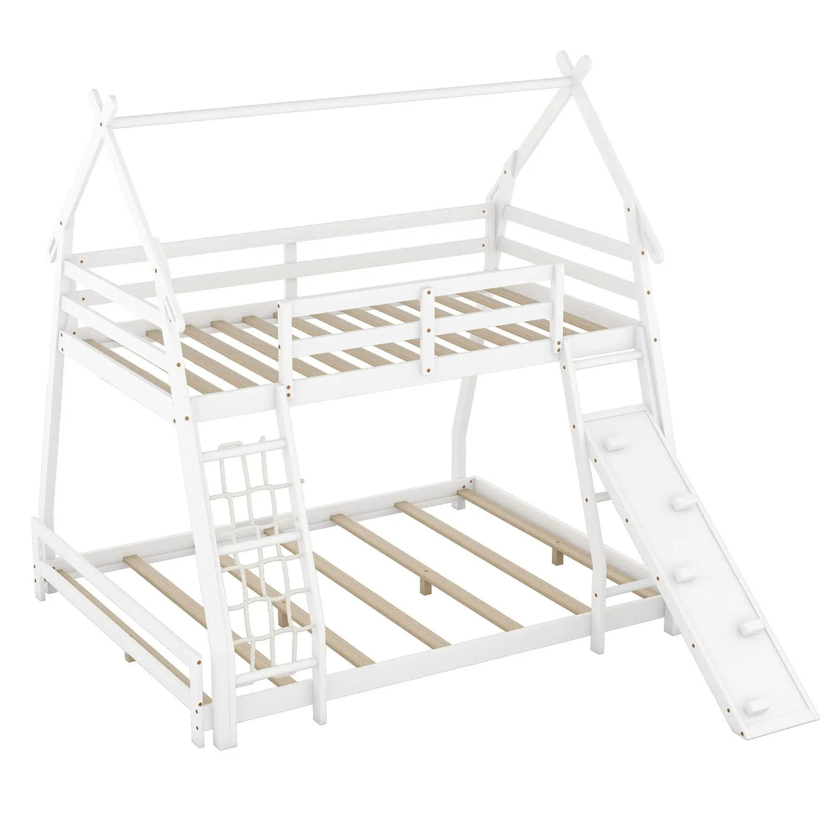 House Bunk Bed | Twin Over Queen | Solid Pine | Climbing Net And Ramp
