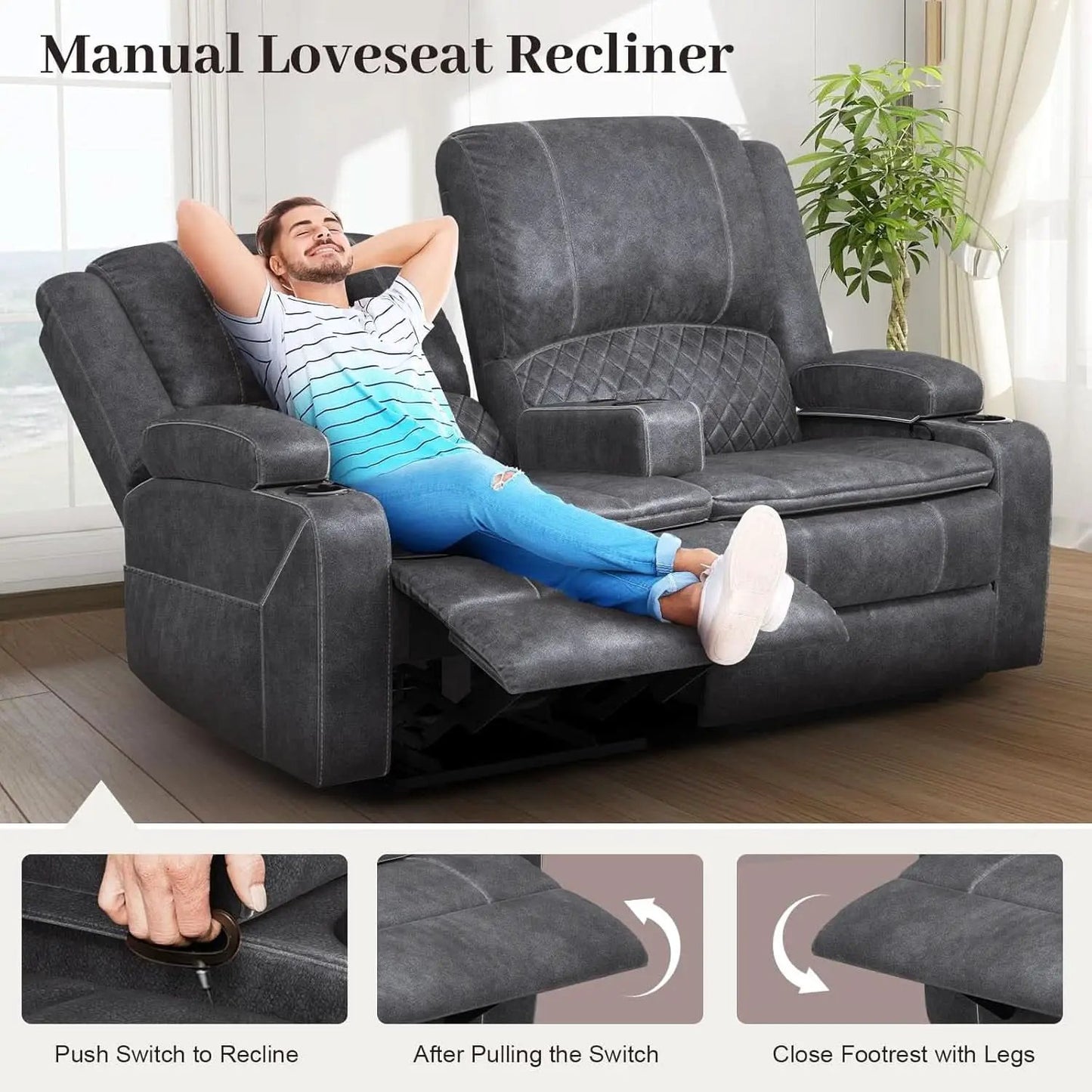Gray Velvet Manual Recliner Loveseat With USB Ports from PriceLows™