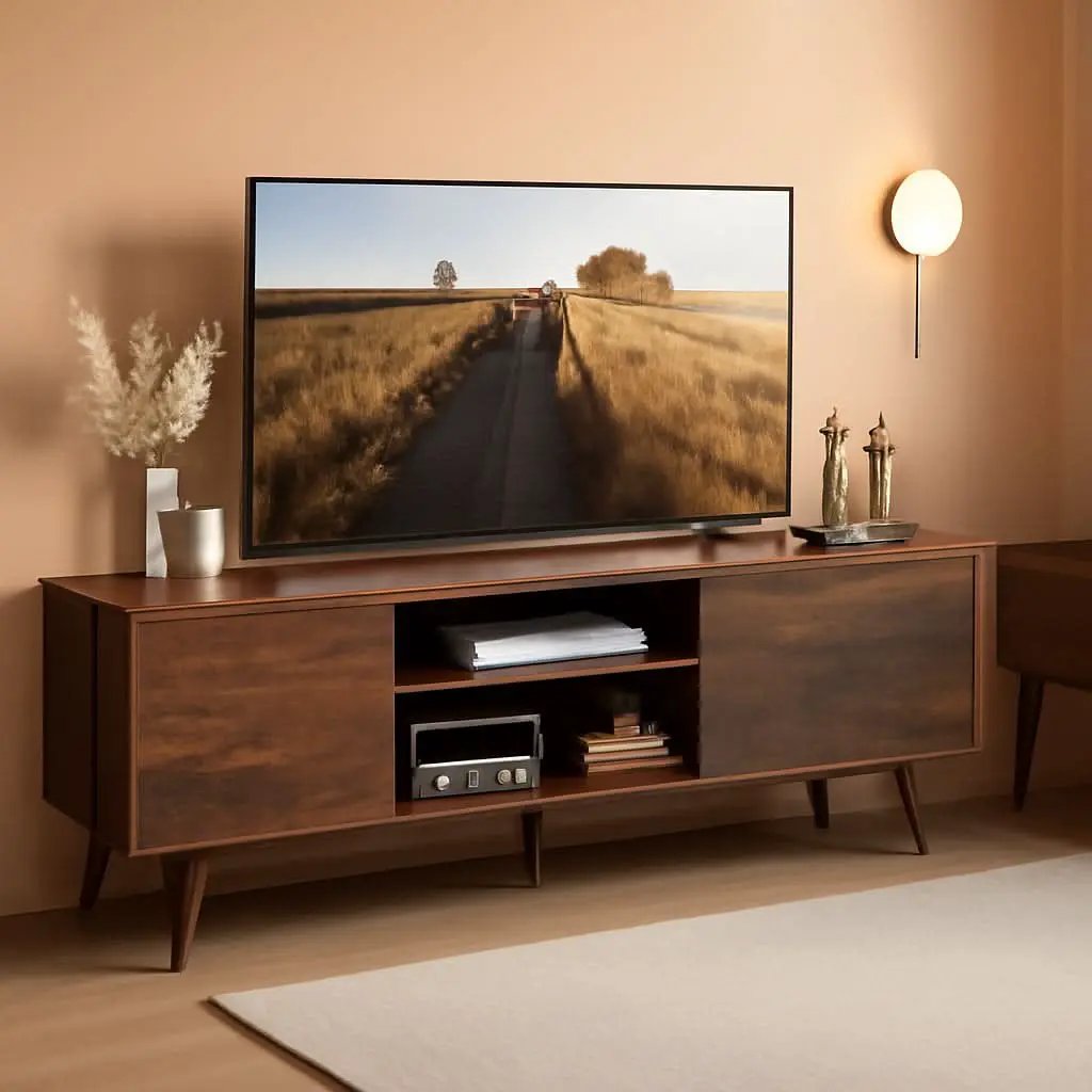Mid Century TV Stand 55 to 60 Inch Retro Brown Finish from PriceLows™