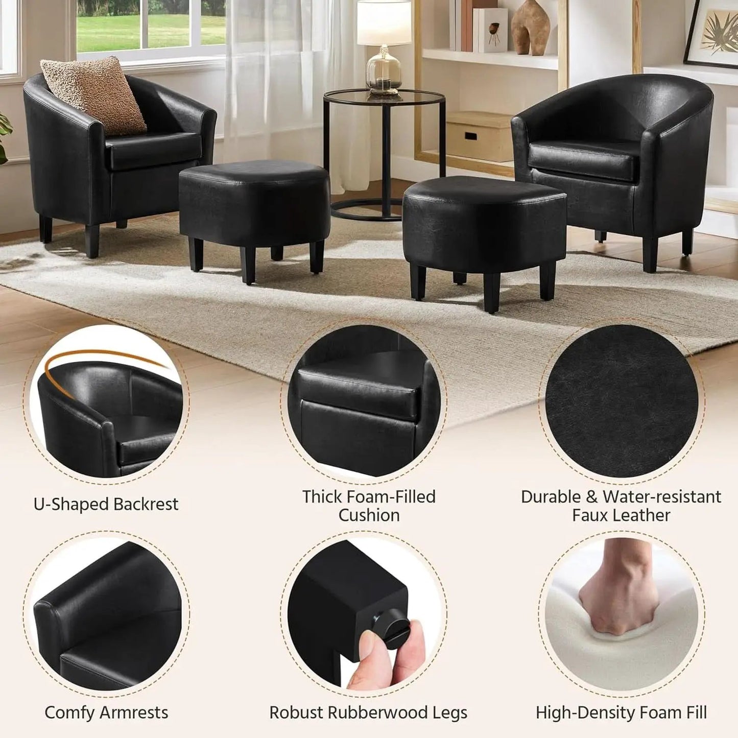 Modern Black Faux Leather Accent Chair With Ottoman Set from PriceLows™