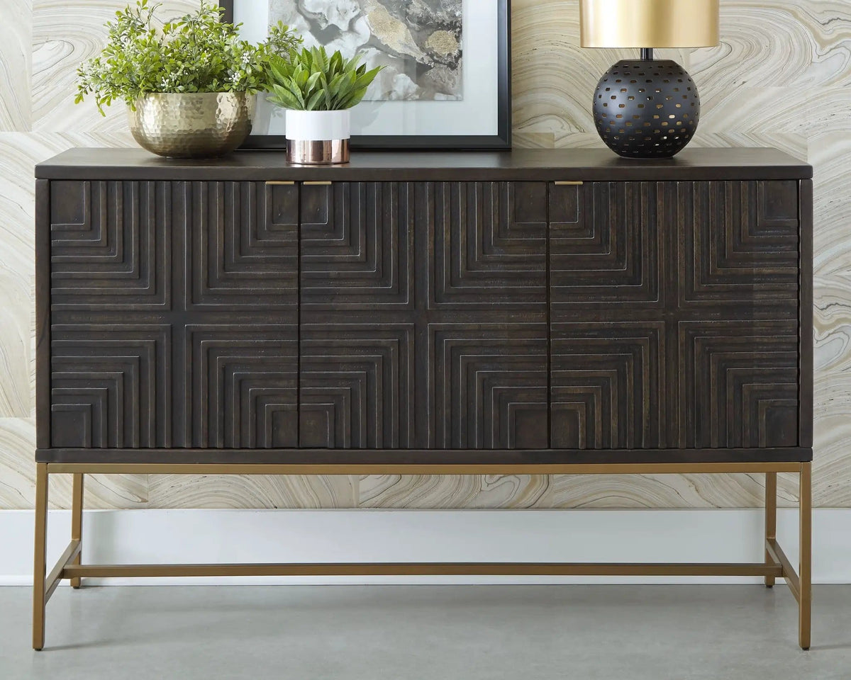 Elinmore Accent Cabinet | 57.88 x 16 x 36.25 in | Engineered Wood & Metal | Brown / Gold Finish
