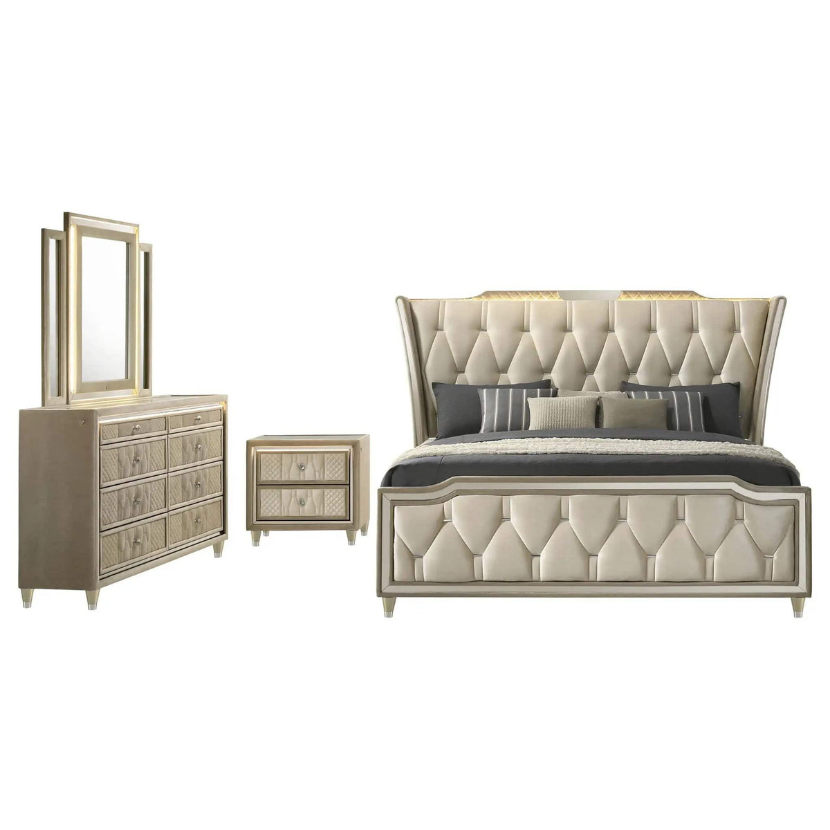 Lorient 4-piece Eastern King Bedroom Set Ivory and Camel | 4-Piece Set | Velvet & Tempered Glass | Bedroom