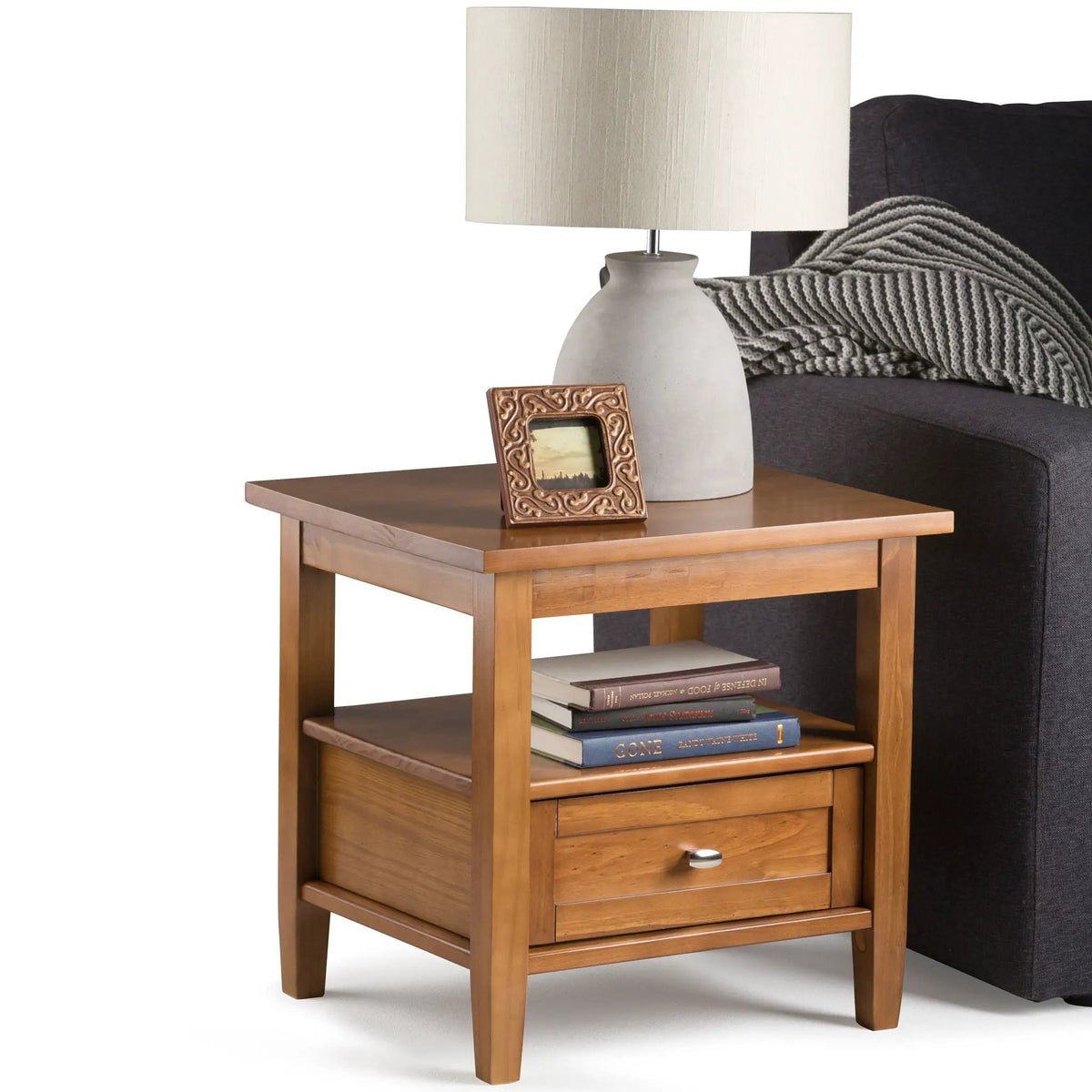 Warm Shaker Solid Wood Table | Bottom Drawer | Open Shelf Storage