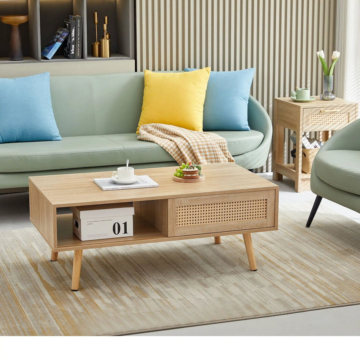 Rattan Coffee Table | 41.34 Inch Width | Sliding Storage Door | Solid Wood Legs