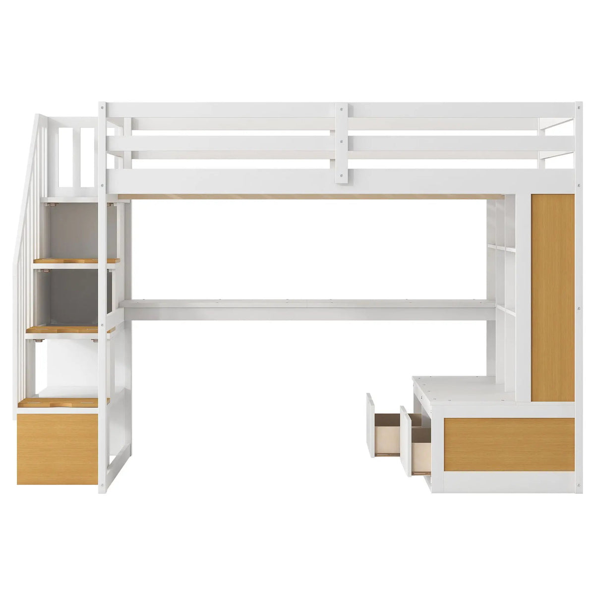 Full Size Loft Bed | Desk Shelves Drawers | Storage Staircase | Natural White