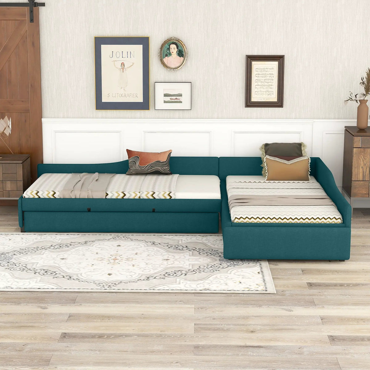 Upholstered Double Daybed | Trundle And Drawer | Two Twin Beds | 120 Inch Length