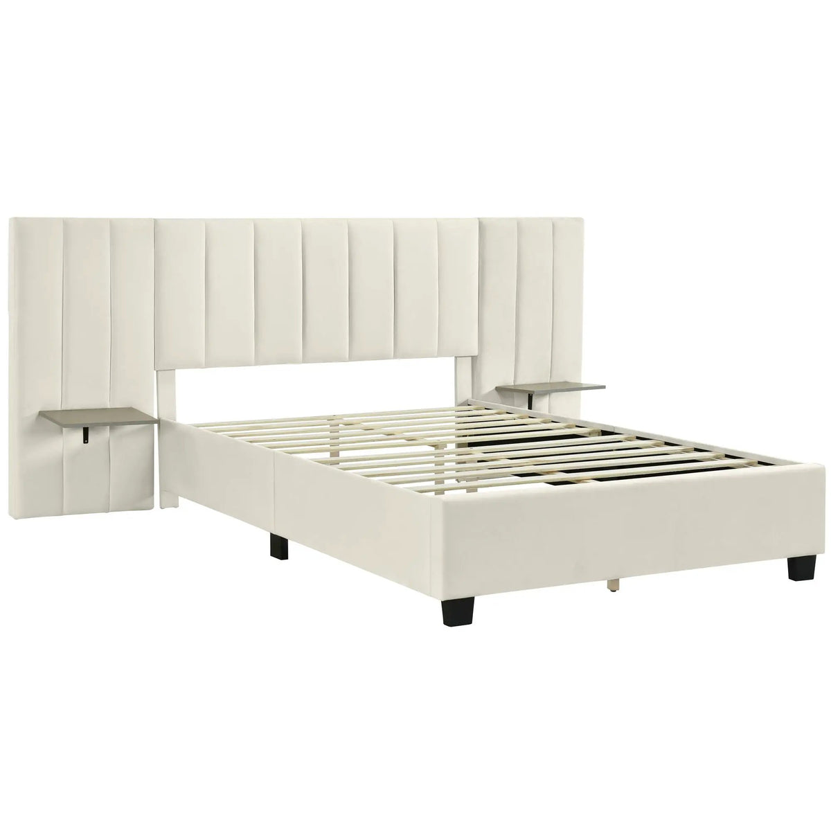 Upholstered Platform Bed | Oversized Ultra-Soft Headboard | Integrated Side Shelves | 111.8 Inch Length