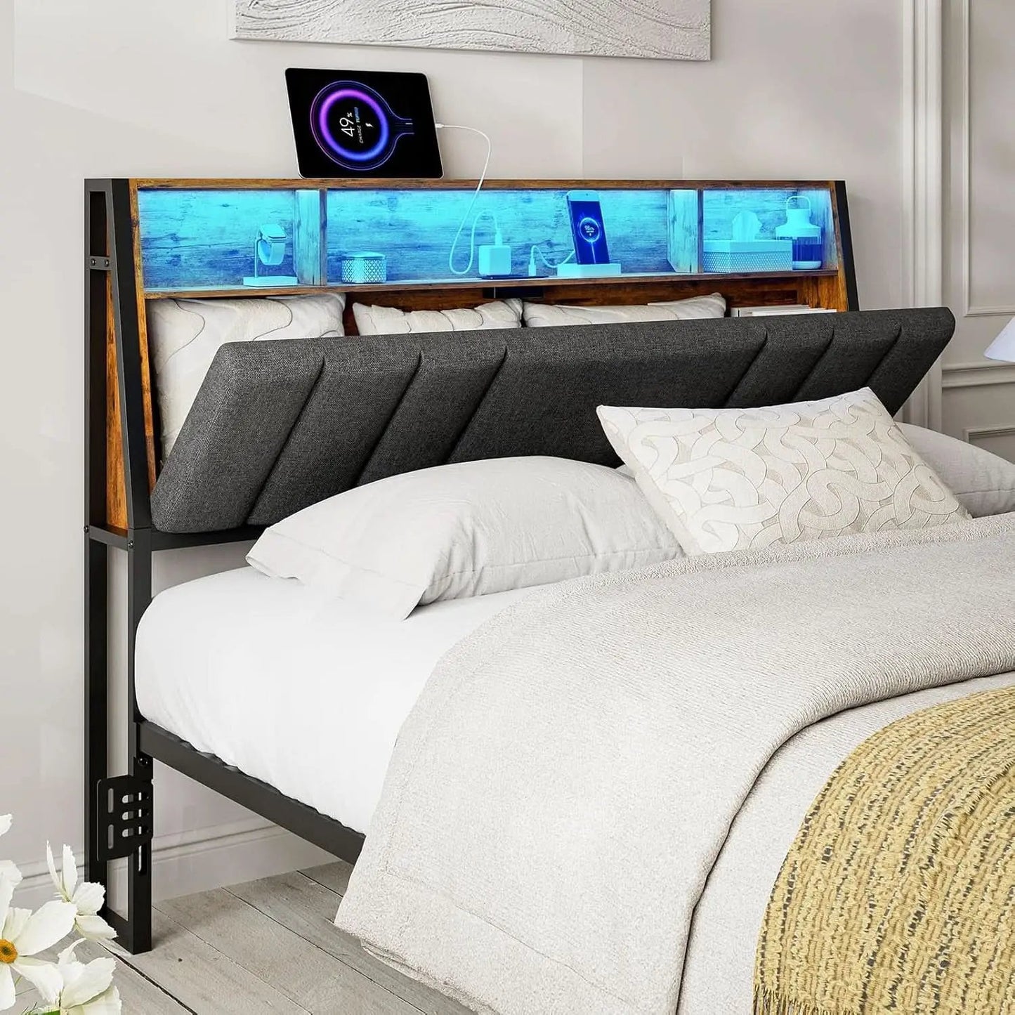 Ergonomic Queen Size Headboard with LED Lights Storage from PriceLows™