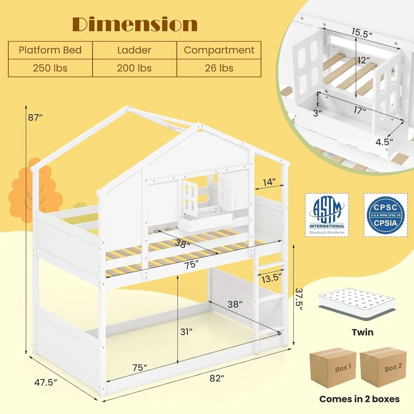 Twin Over Twin White Wood House Bunk Bed For Kids Room from PriceLows™