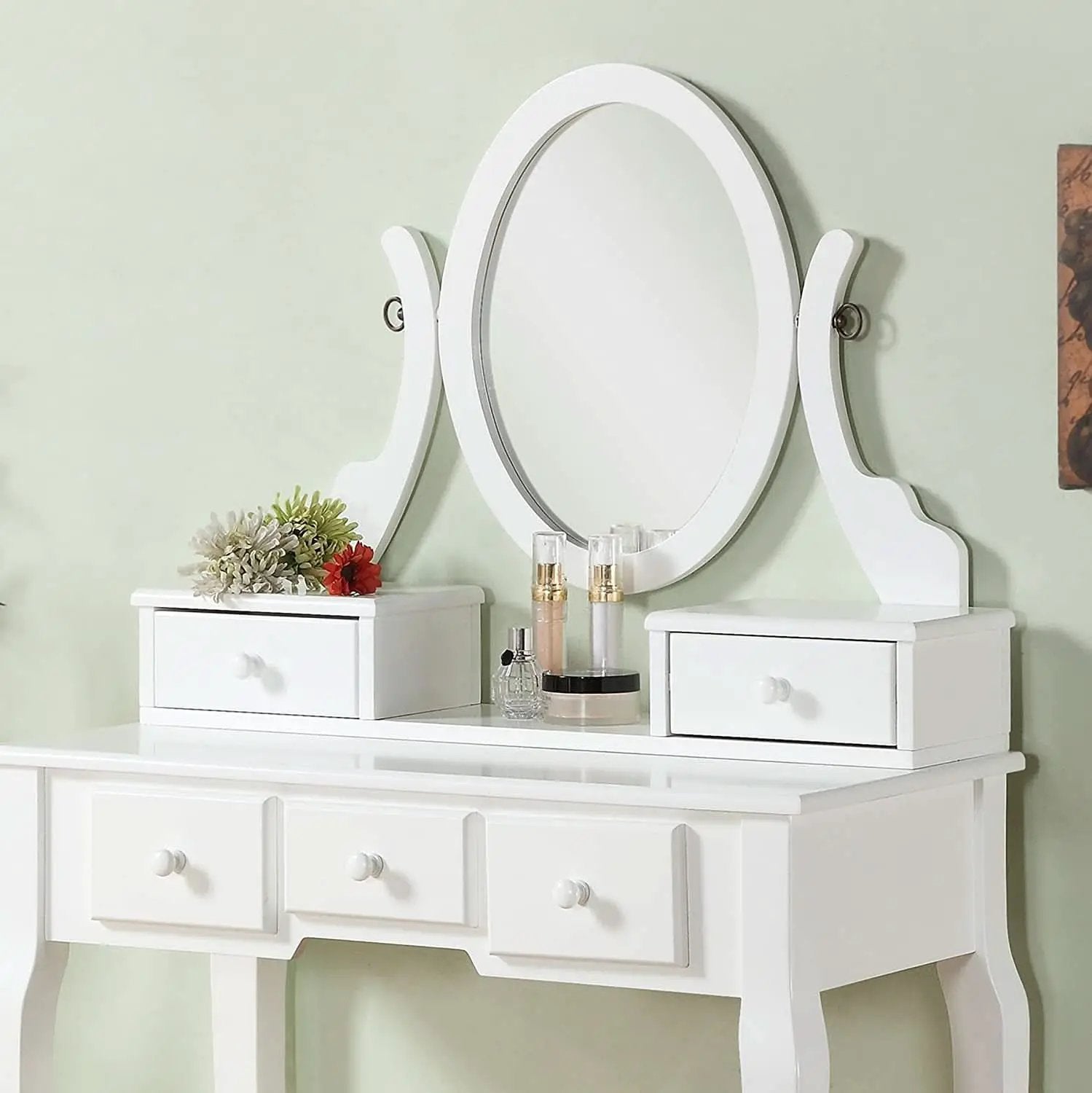 White Wood Makeup Vanity Set With Beige Upholstered Stool from PriceLows™