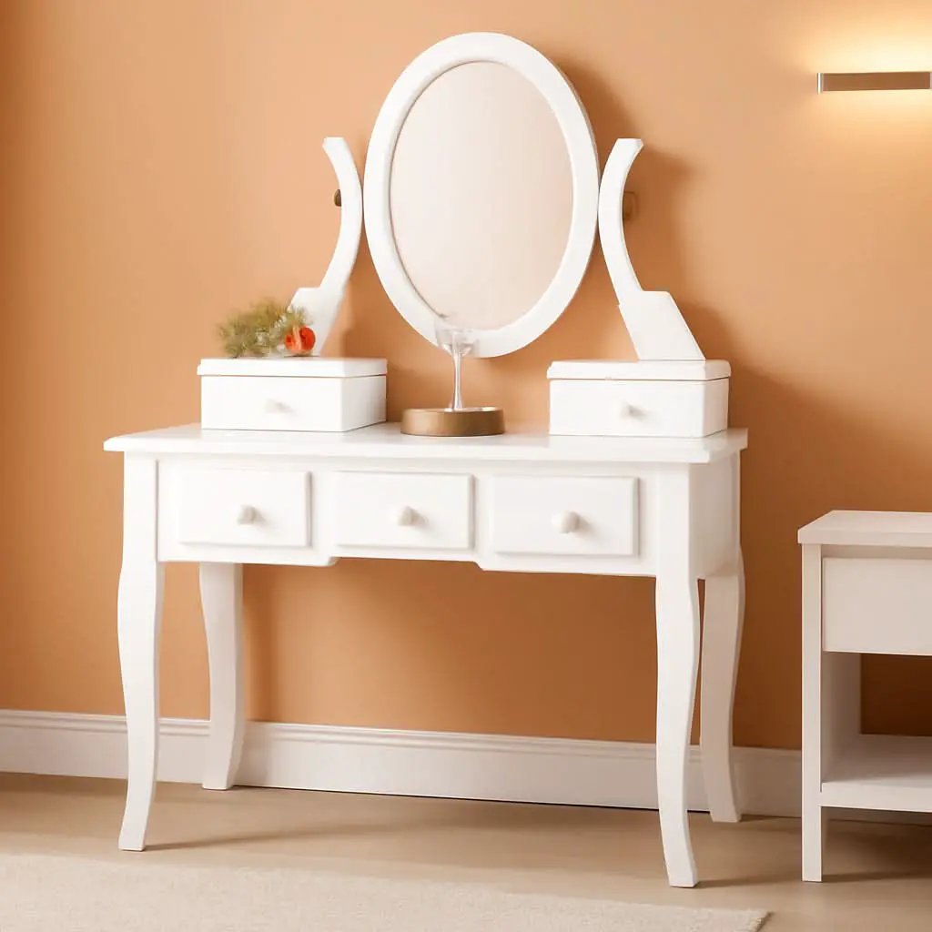 Ashley Wood Vanity Table And Stool Set With Beige Upholstery And Five Drawers from PriceLows™