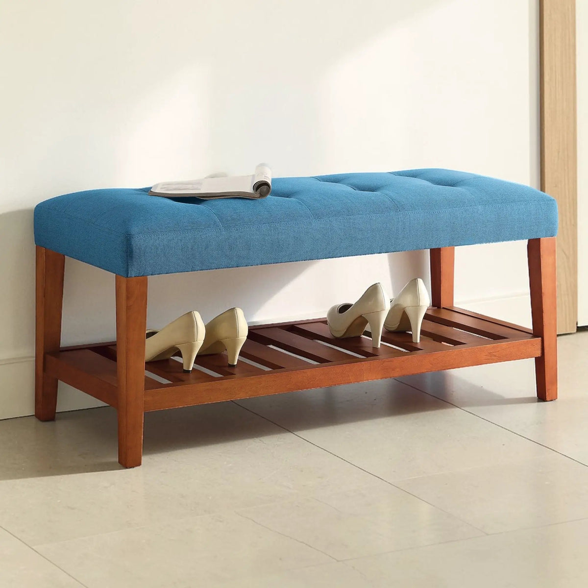 Charla Upholstered Bench | Tufted Fabric Seat | Oak Color Scheme | Armless Rectangular Design