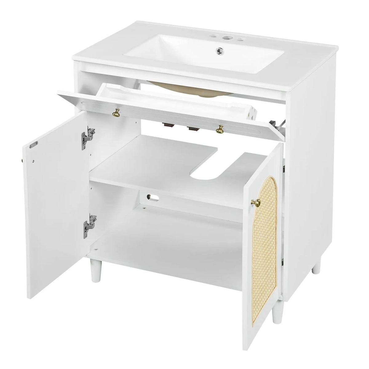 Modern Bathroom Vanity With Sink, Cabinet With Adjustable Shelf | 30 x 18.3 x 34 in | Solid Wood & Rattan | Bathroom