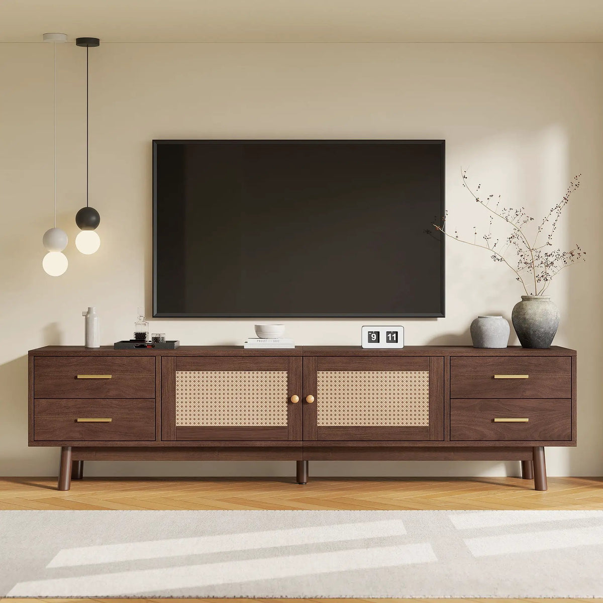 70 Inch TV Stand With Doors | Fits TVs Up To 80 Inch | 4 Drawers | Woven PE Rattan Doors