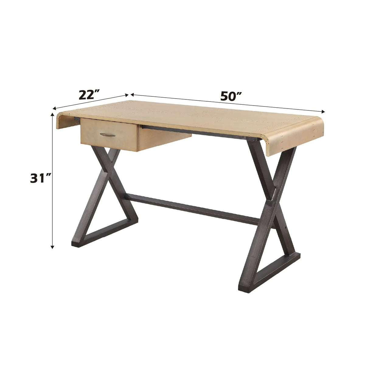 Danton Writing Desk | Gold Aluminum Top | X-Shape Metal Base | Full-Extension Drawer