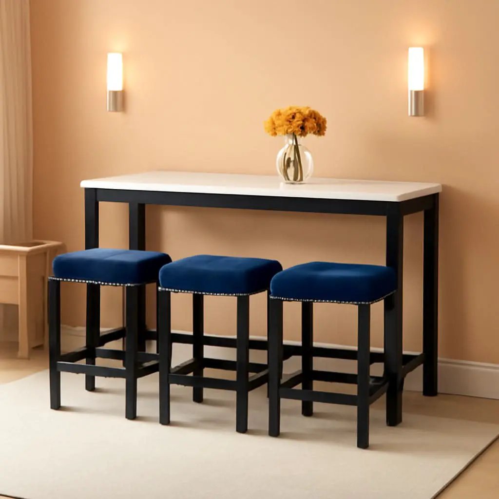 Blue Velvet Bar Table Set With Faux Marble Top 4 Piece from PriceLows™