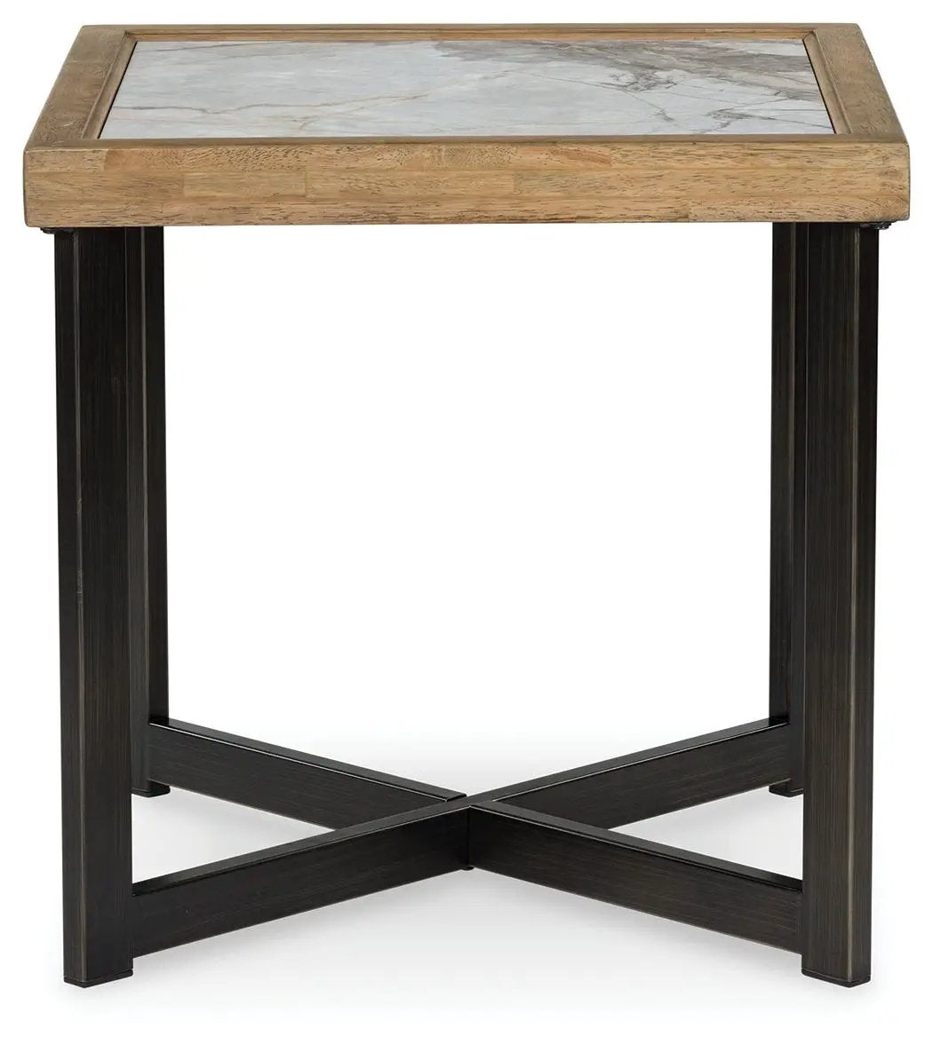 Montia Square End Table | Sintered Stone Top | Mango Veneer | Black Finish Frame